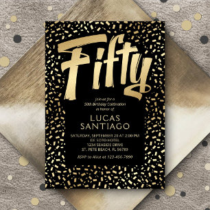 50th Birthday Black Gold Confetti Invitation