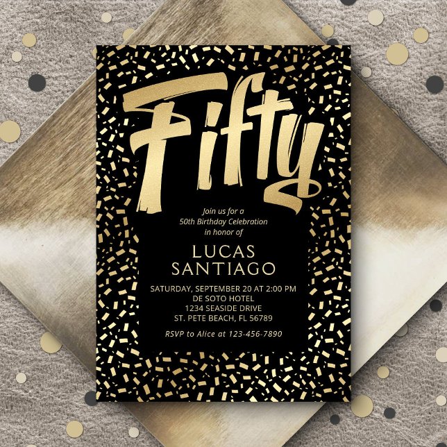 50th Birthday Black Gold Confetti Invitation (Creator Uploaded)