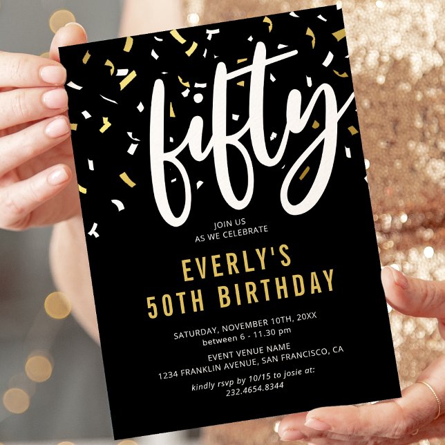 50th Birthday Black Gold Confetti Invitation (Creator Uploaded)