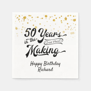 50th Birthday Black Gold Confetti Retro Script Napkin
