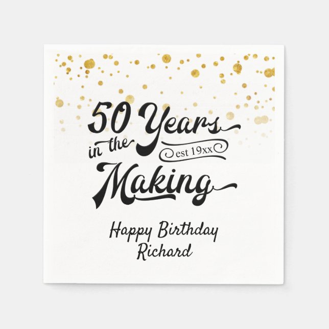 50th Birthday Black Gold Confetti Retro Script Napkin (Front)