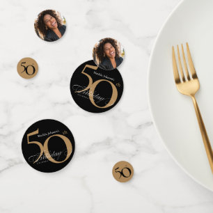 50th Birthday Black Gold Elegant Calligraphy Chic Confetti