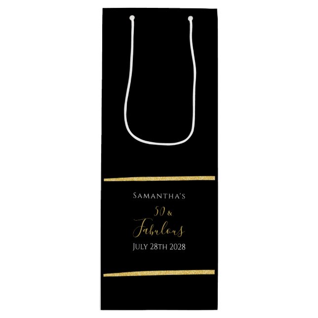 50th Birthday Black Gold Elegant Stylish Party Wine Gift Bag (Front)