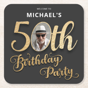 50th Birthday Black Gold Faux Foil Custom Photo Square Paper Coaster