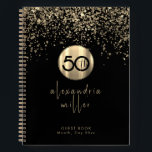 50th Birthday Black Gold Glitter Guestbook Notebook<br><div class="desc">Elegant 50th Black Birthday Party Celebration Guestbook Gold Glitter Sparkle Brushed Metal Name Feminine Script Custom Text Template Guest Book</div>