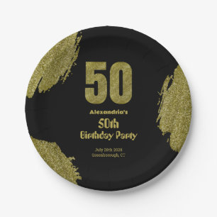 50th birthday black gold glitter party paper plate