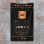 50th birthday black gold Happy Birthday party Banner<br><div class="desc">Luxury elegant black leather look (PRINTED) custom birthday party vertical banner with editable text,  age,  a gold glitter square,  and personalised name,  date,  and place.</div>