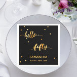 50th birthday black gold hello 50 name script napkin<br><div class="desc">Elegant and modern for a 50th birthday party.  Black backdrop and faux gold text written with a trendy hand-lettered style script: hello fifty. With golden dots as decor.  Templates for a name and date.</div>