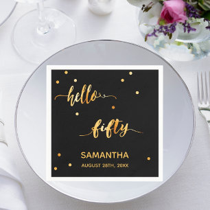 50th birthday black gold hello 50 name script napkin