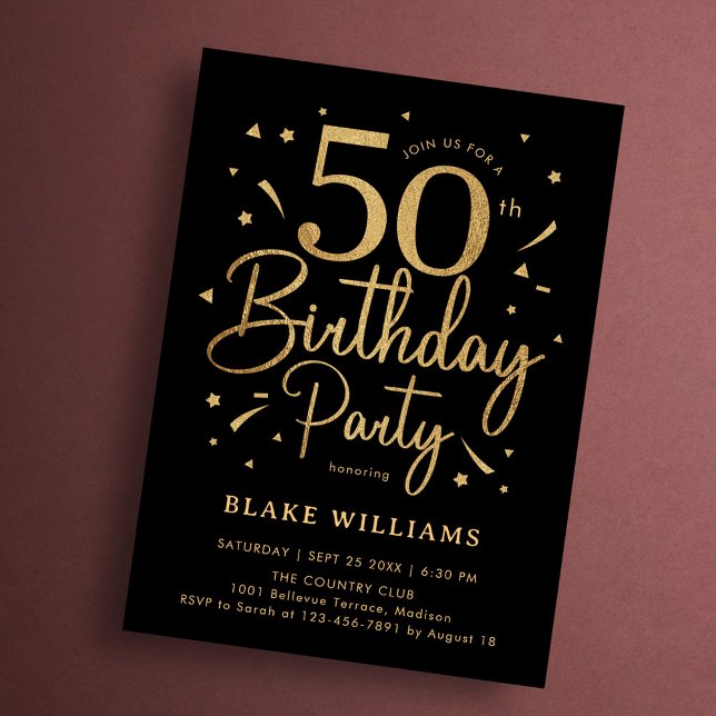 50th Birthday Black Gold Invitation (Creator Uploaded)