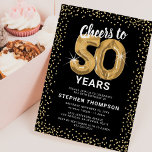 50th Birthday Black Gold Invitation<br><div class="desc">Elegant fiftieth birthday party invitation featuring a stylish black background that can be changed to any colour,  gold sparkly glitter,  fifty gold hellium balloons,  and a modern 50th birthday celebration text template that is easy to personalise.</div>