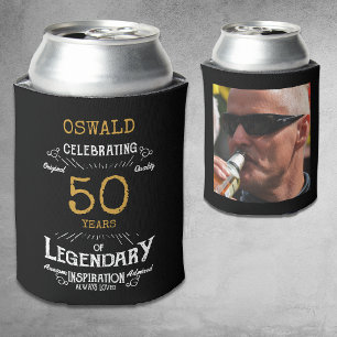 50th Birthday Black Gold Legendary Photo Can Cooler