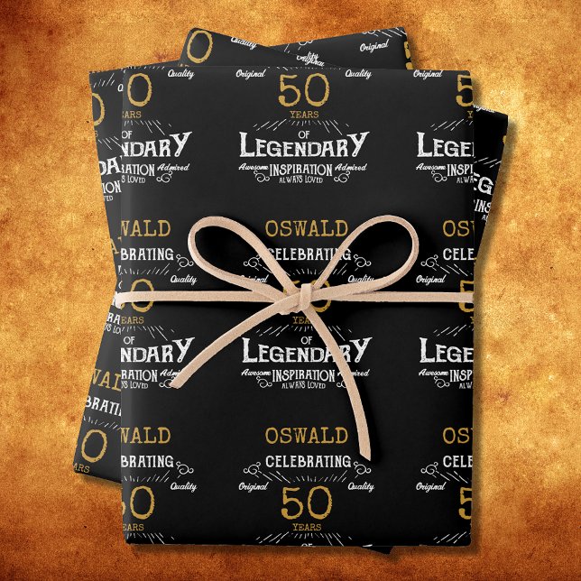 50th Birthday Black Gold  Legendary Retro Wrapping Paper Sheet (50th Birthday Black Gold Legendary Retro Wrapping Paper Sheets)