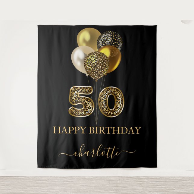 50th birthday black gold leopard print balloons tapestry (Front)