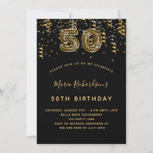 50th birthday black gold Leopard print confetti Invitation