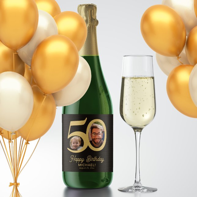 50th birthday black gold modern photo sparkling wine label (Creator Uploaded)