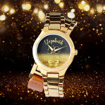 50th birthday black gold  name watch<br><div class="desc">Elegant,  classic,  glamourous and feminine.  A faux gold coloured bow and ribbon,  a bit of bling and luxury for a birthday gift or keepsake.  Black background. Templates for her name,  and the age 50. The name is written with a modern hand lettered style script.</div>
