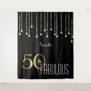 50th Birthday Black Gold Photo Booth Backdrop Tapestry
