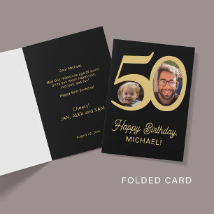 50th birthday black gold photo card