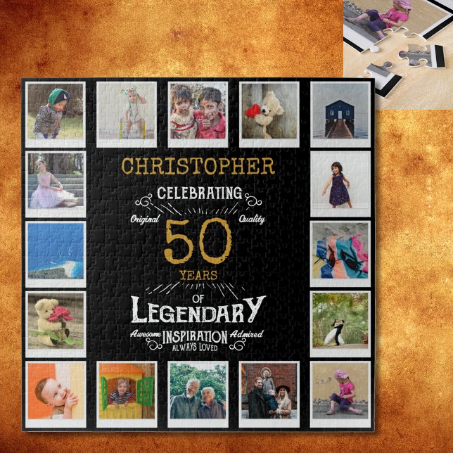 50th Birthday Black Gold Photo Collage Jigsaw Puzzle (A personalized elegant 50th birthday vintage puzzle that is easy to customize but hard to complete)