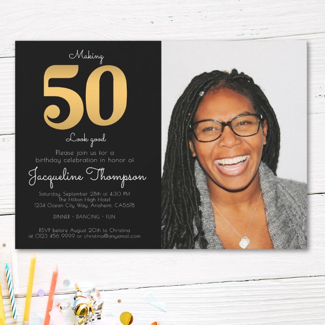 50th Birthday Black Gold Photo Template Invitation (Creator Uploaded)