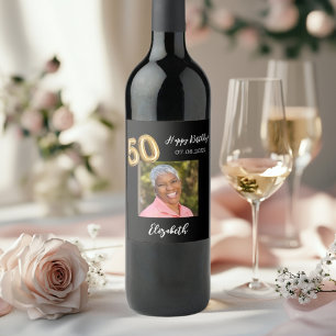 50th Birthday black gold photo Wine Label