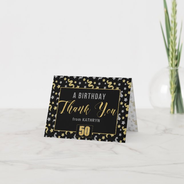 50th Birthday Black Gold Silver Confetti with Name Thank You Card (Front)