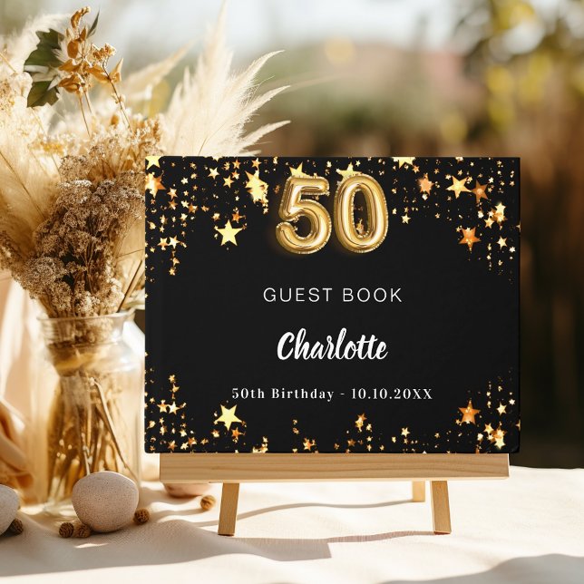 50th Birthday black gold stars Guest Book (Creator Uploaded)