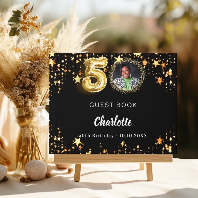 50th Birthday black gold stars photo Guest Book (Creator Uploaded)