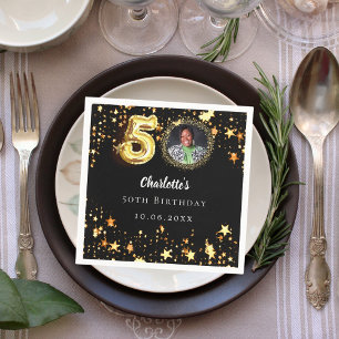 50th birthday black gold stars photo napkin