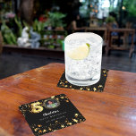 50th birthday black gold stars photo square paper coaster<br><div class="desc">Black background,  decorated with golden stars. Personalise and add a photo,  name,  age,  date.</div>