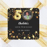 50th birthday black gold stars photo square sticker<br><div class="desc">Black background,  decorated with golden stars. Personalise and add a photo,  name,  age,  date.</div>