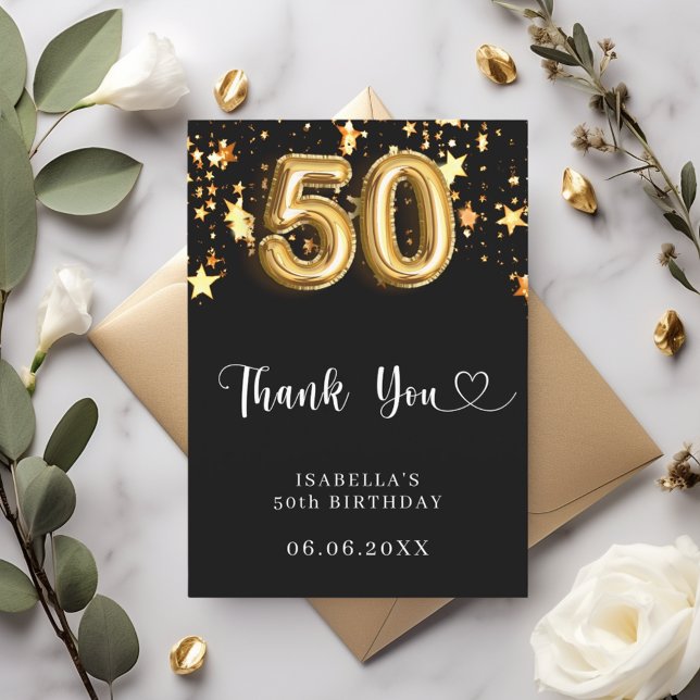 50th birthday black gold stars thank you card (Creator Uploaded)