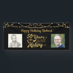 50th Birthday Black Gold String Lights Photos Banner<br><div class="desc">Celebrate a 50th birthday with this black and gold party banner sign with string lights featuring a retro typography title design of 50 YEARS IN THE MAKING that incorporates their birth year as part of the design, 2 photos (fun to include Then and Now photos) and your personalised custom message...</div>