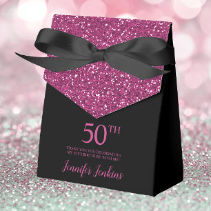 50th Birthday Black Hot Pink Glitter Thank You Favour Box