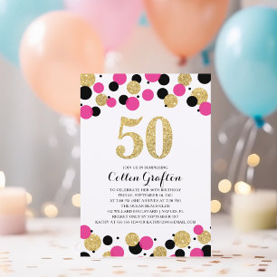 50th Birthday Black Hot Pink Gold Glitter Confetti Invitation