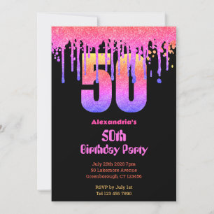 50th birthday black hot pink ombre glitter party invitation