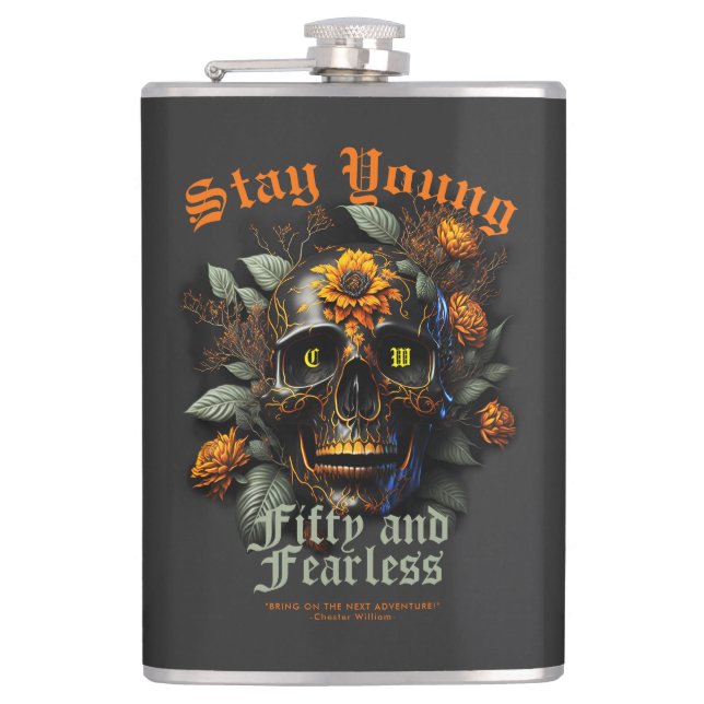 50TH BIRTHDAY BLACK ORANGE SKULL STAY YOUNG HIP FLASK (Front)