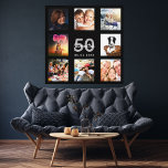 50th birthday black photo collage monogram canvas print<br><div class="desc">A unique 50th birthday gift or keepsake,  celebrating her life with a collage of 8 of your photos. Add images of her family,  friends,  pets,  hobbies or dream travel destination. Personalize and add a name,  age 50 and a date.  Gray and white colored letters.  A chic black background.</div>