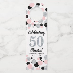 50th Birthday Black Pink Silver Glitter Confetti Bottle Tag