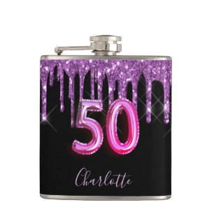 50th birthday black purple glitter script friends hip flask