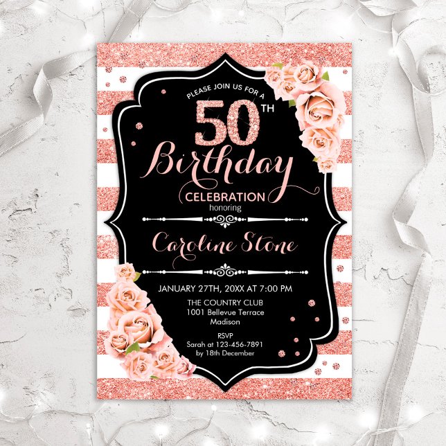 50th Birthday Black Rose Gold and White Stripes Invitation (Creator Uploaded)