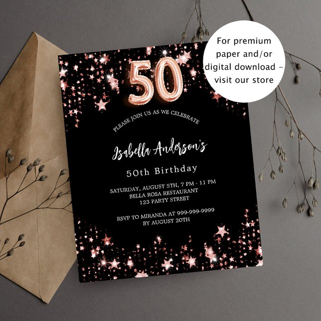 50th birthday black rose gold budget invitation flyer (Creator Uploaded)