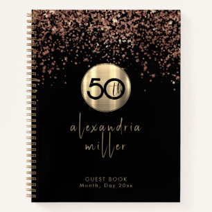 50th Birthday Black Rose Gold Glitter Guestbook Notebook