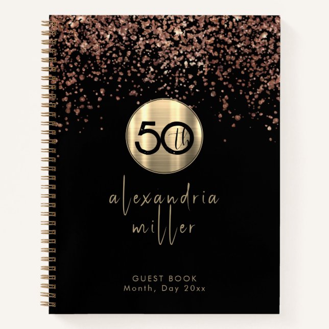 50th Birthday Black Rose Gold Glitter Guestbook Notebook (Front)