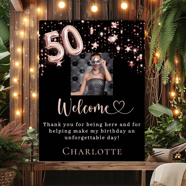 50th birthday black rose gold photo stars welcome poster (Creator Uploaded)