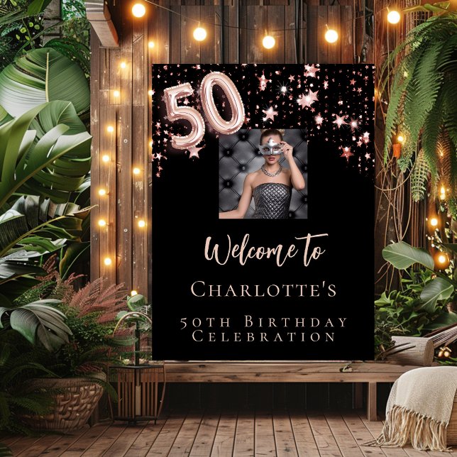 50th birthday black rose gold photo stars welcome poster (Creator Uploaded)