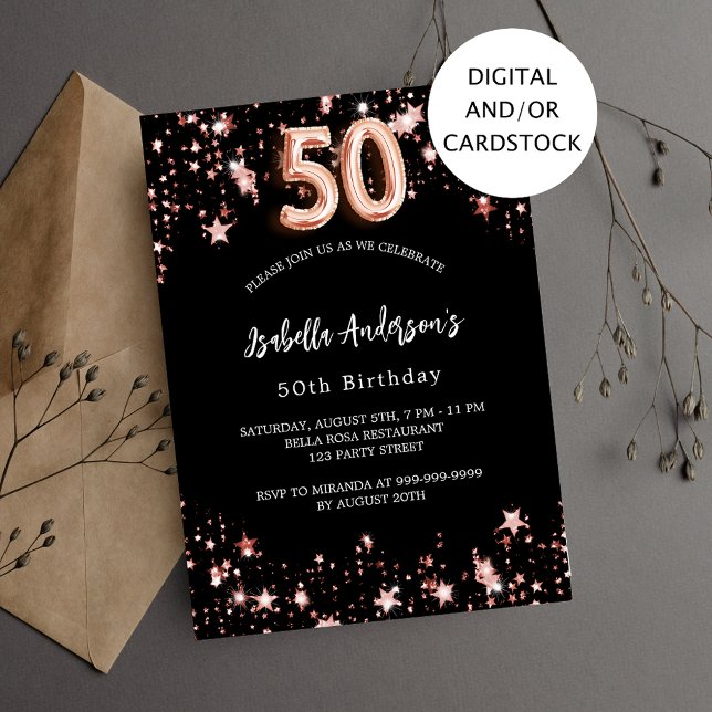 50th birthday black rose gold stars invitation (Creator Uploaded)
