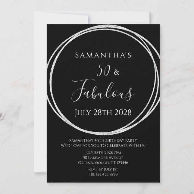 50th Birthday Black Silver Birthday Invitation (Front)