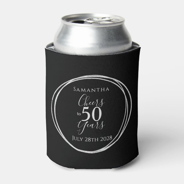 50th Birthday Black Silver Cheers to 50 Years Can Cooler (Can Front)